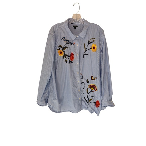 Talbots Tops - Talbots Woman Striped Button Down Blouse Shirt Floral Embroidered Blue White 3X